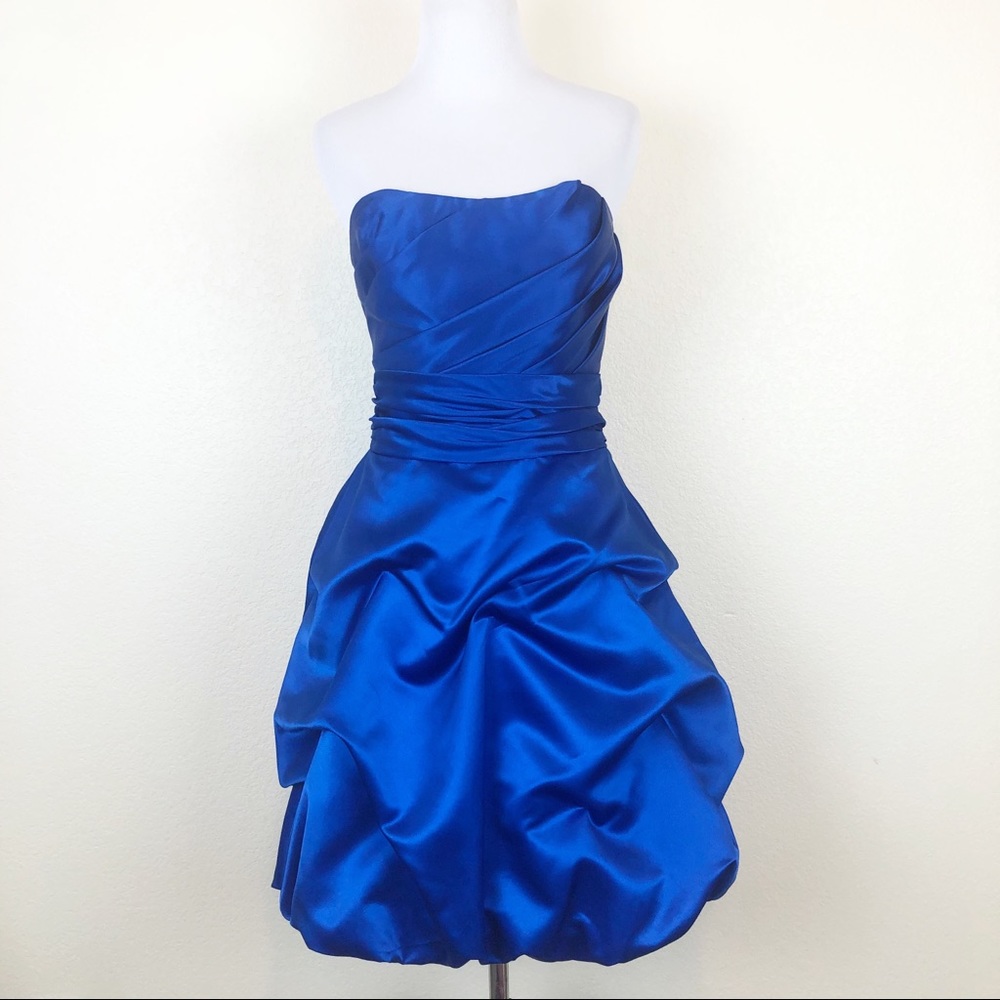 SOLD David’s Bridal Blue Strapless Short Ruched Dress
